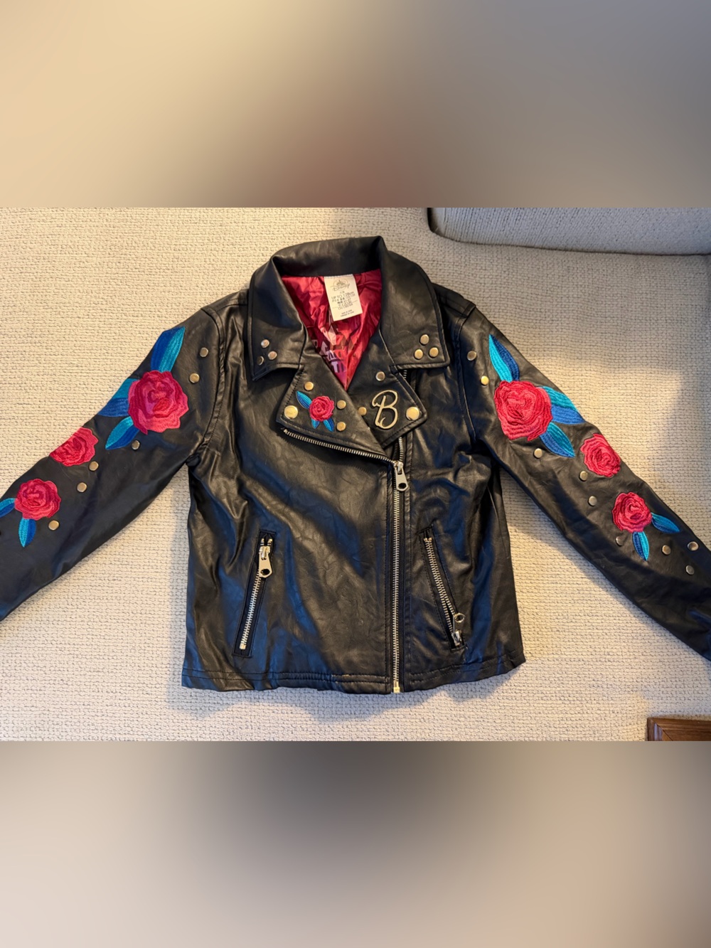 Disney Belle Black Faux Leather Moto Jacket with Red Rose Embroidery